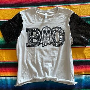 Black Sequin Sleeve Faux Rhinestone BOO tee